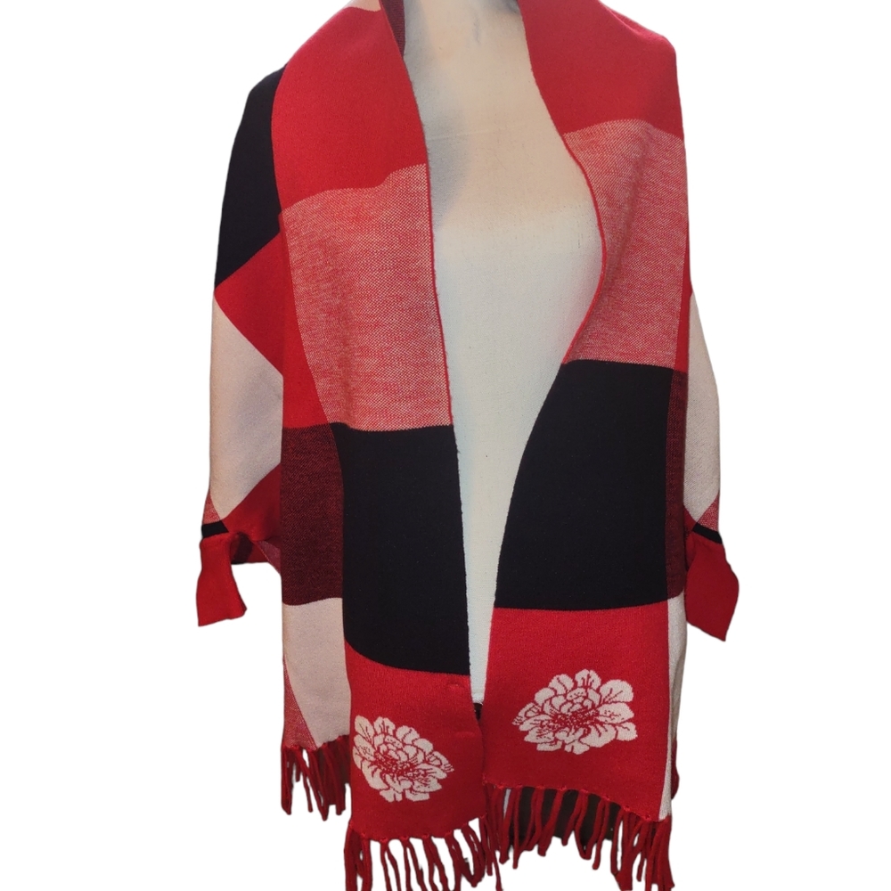 CHANEL Red and Black Checkered Scarf